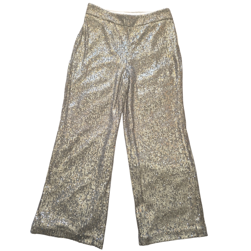 LOFT Silver Sequins High Rise Wide Leg Pants Side Zip Petite 10P Holiday Party - Picture 3 of 10